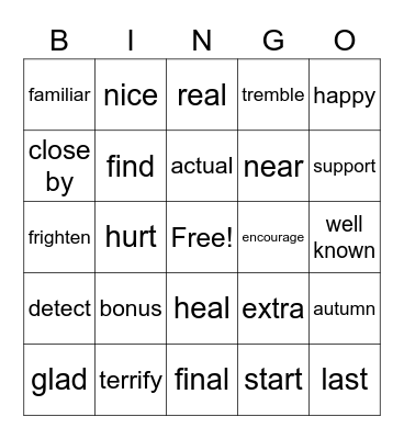 Vocabulary 5 Bingo Card