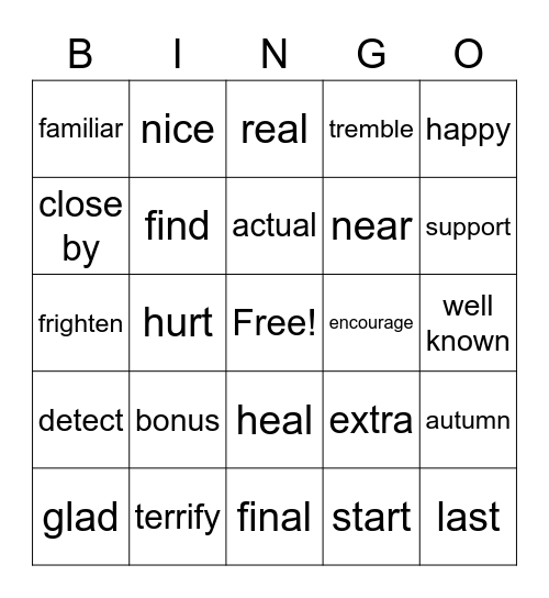 Vocabulary 5 Bingo Card