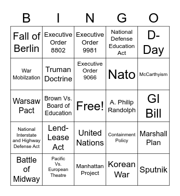 WWII & Cold War Bingo Card