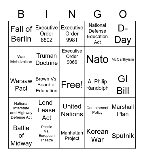 WWII & Cold War Bingo Card