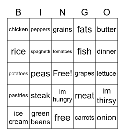 Dinner Foods Bingo Card