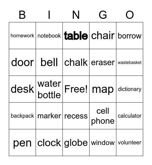 Classroom Objects Bingo Card