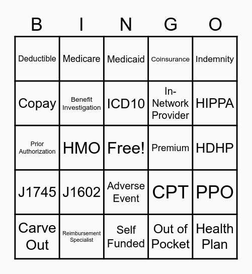 Reimbursement Bingo Card