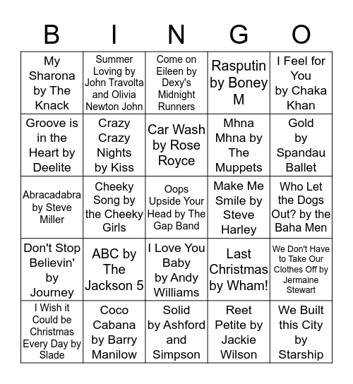 Cheesy Musical Bingo!! Bingo Card