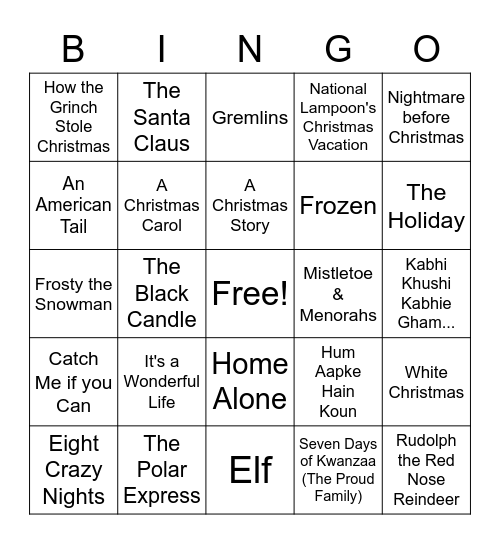 Holiday Movie Card Bingo Card