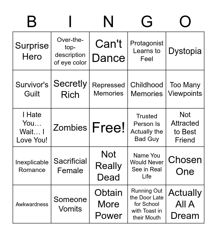 YA Trope Bingo Card