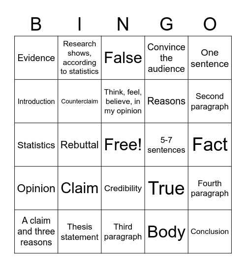 Argumentative Writing Bingo Card