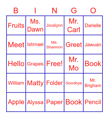 Spelling Word Bingo Card