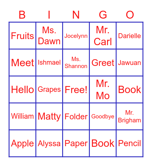 Spelling Word Bingo Card