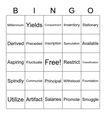 Vocabulary Bingo Card