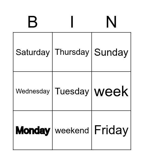 Days of the Week Bingo Card