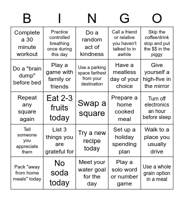 December Wellness Challenge Bingo Card