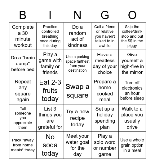 December Wellness Challenge Bingo Card