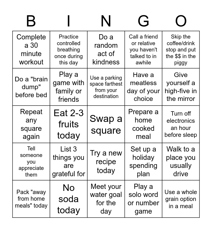 December Wellness Challenge Bingo Card