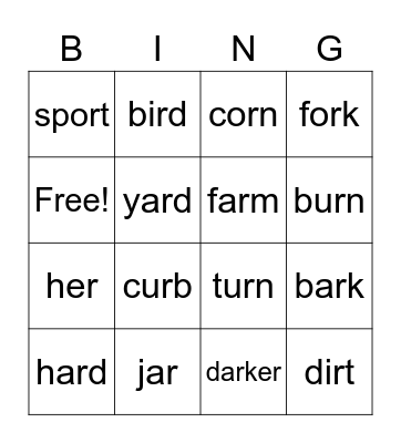 "ar" "or"  "er" Bingo Card
