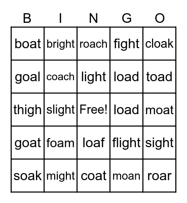 OA Vowel Teams and _igh Diagraph Words Bingo Card