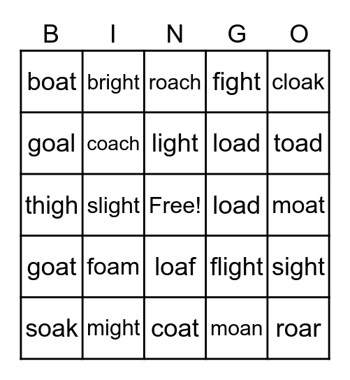 OA Vowel Teams and _igh Diagraph Words Bingo Card