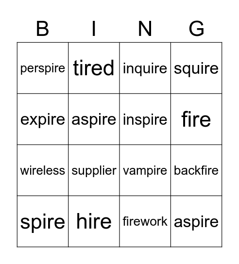 "ire" words Bingo Card