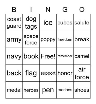 veterans Day Bingo Card