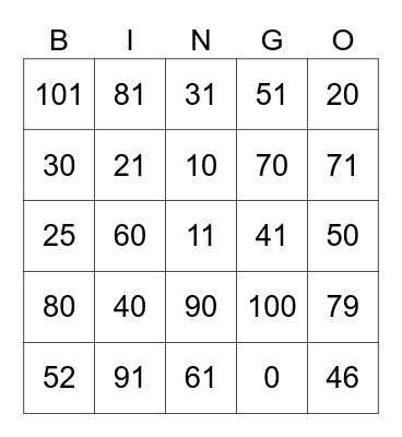 Number Before Bingo Card