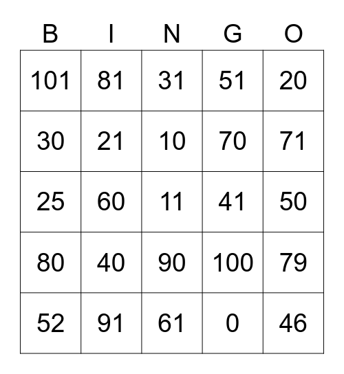 Number Before Bingo Card