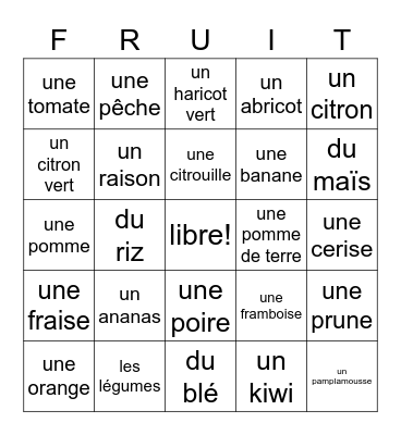 les fruits et les légumes Bingo Card