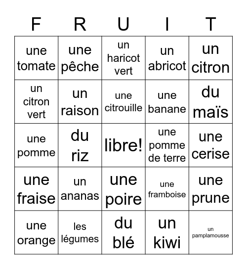 les fruits et les légumes Bingo Card