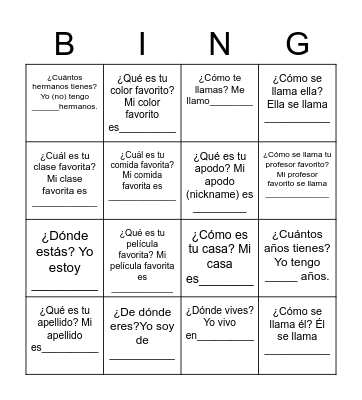 BINGO: Hablando en español Bingo Card