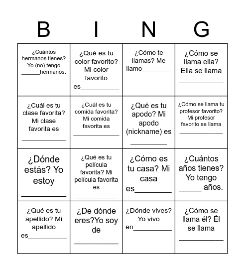 BINGO: Hablando en español Bingo Card