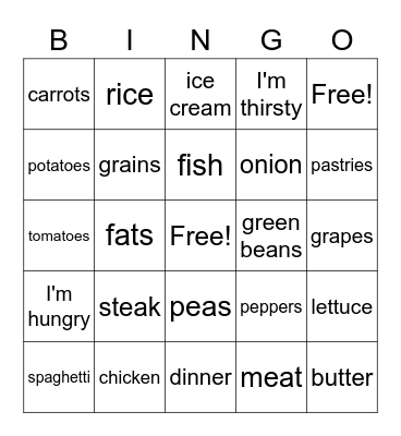 Dinner Bingo Card