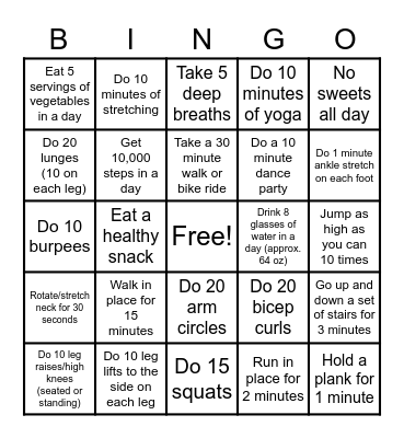 Fitness Bingo Card