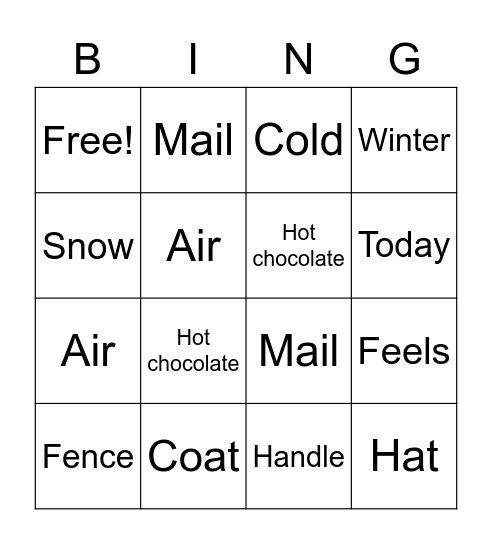 A COLD DAY Bingo Card