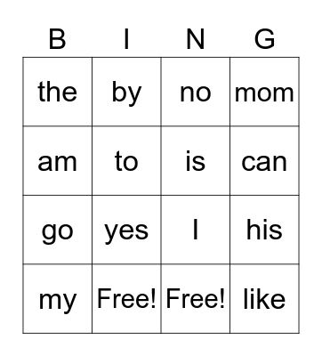 Sight Words Bingo Card