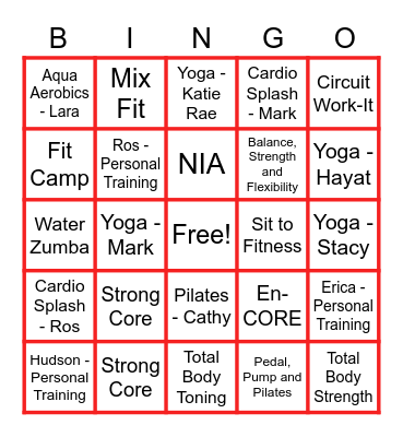 KT Fitness Bingo Challenge Bingo Card