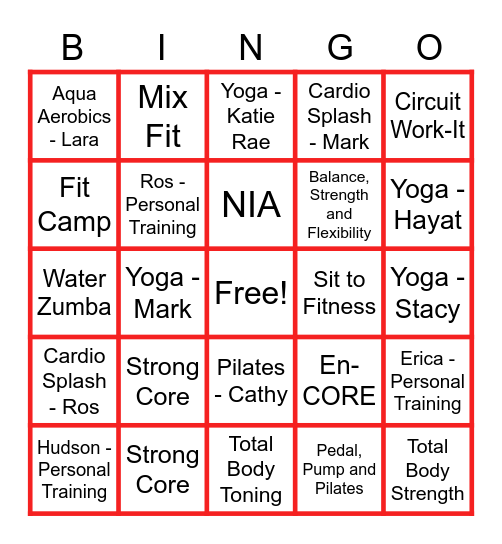 KT Fitness Bingo Challenge Bingo Card