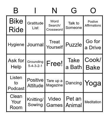 Positive Coping Skills Bingo Card