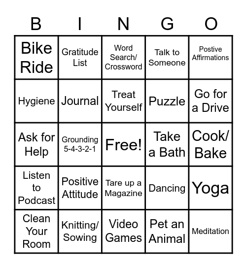 Positive Coping Skills Bingo Card