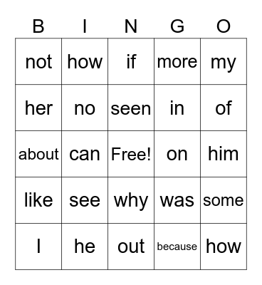 Sight Words Bingo Card