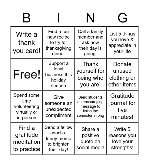 CSI Thanksgiving Challenge Bingo Card