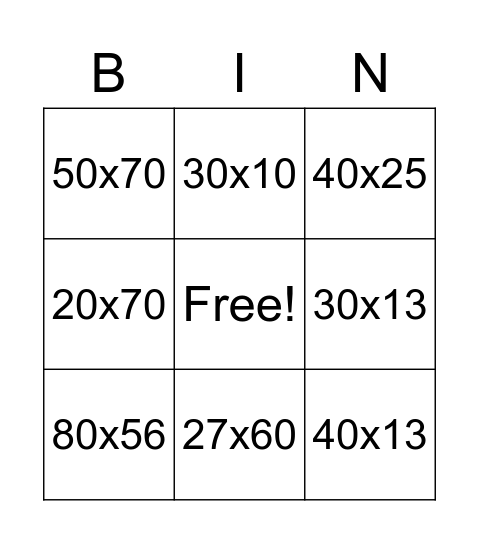 Multiplication Bingo Card