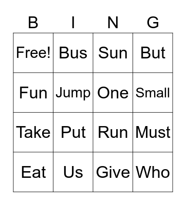 Spelling Words Bingo Card