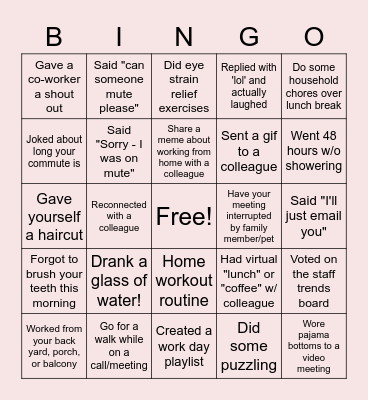 Remote Work Bingo Card