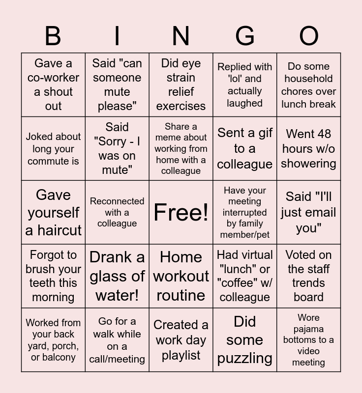 remote work bingo ideas