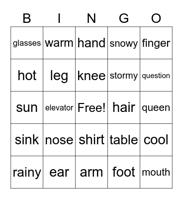 Body and Vocab Words Bingo Card
