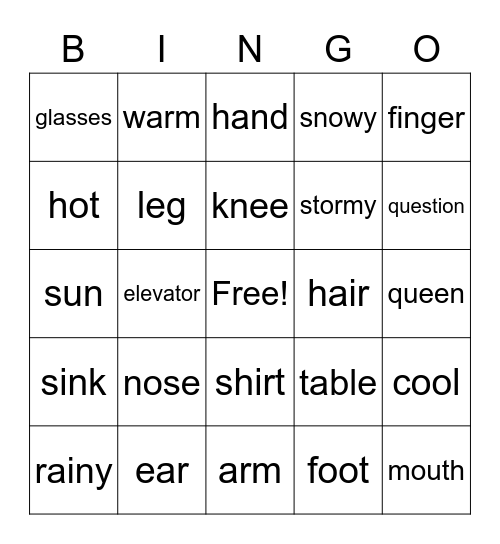 Body and Vocab Words Bingo Card