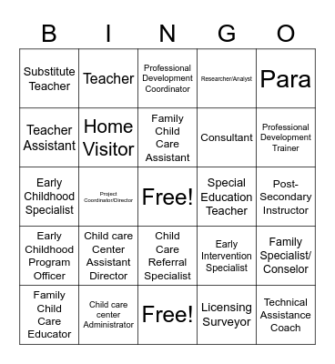 Early Childhood Jobs Bingo Card