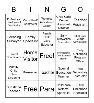 Early Childhood Careers Bingo Card