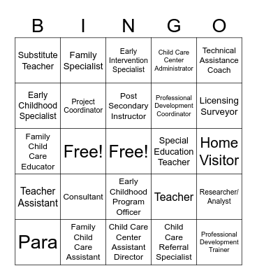 Early Childhood Careers Bingo Card