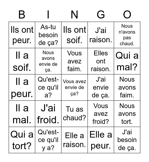 Les expressions avec le verbe avoir Bingo Card