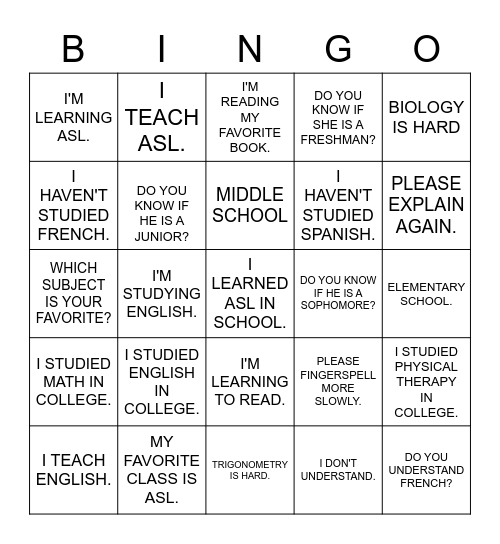 Learning ASL - Unit 2 (Sentences) Bingo Card